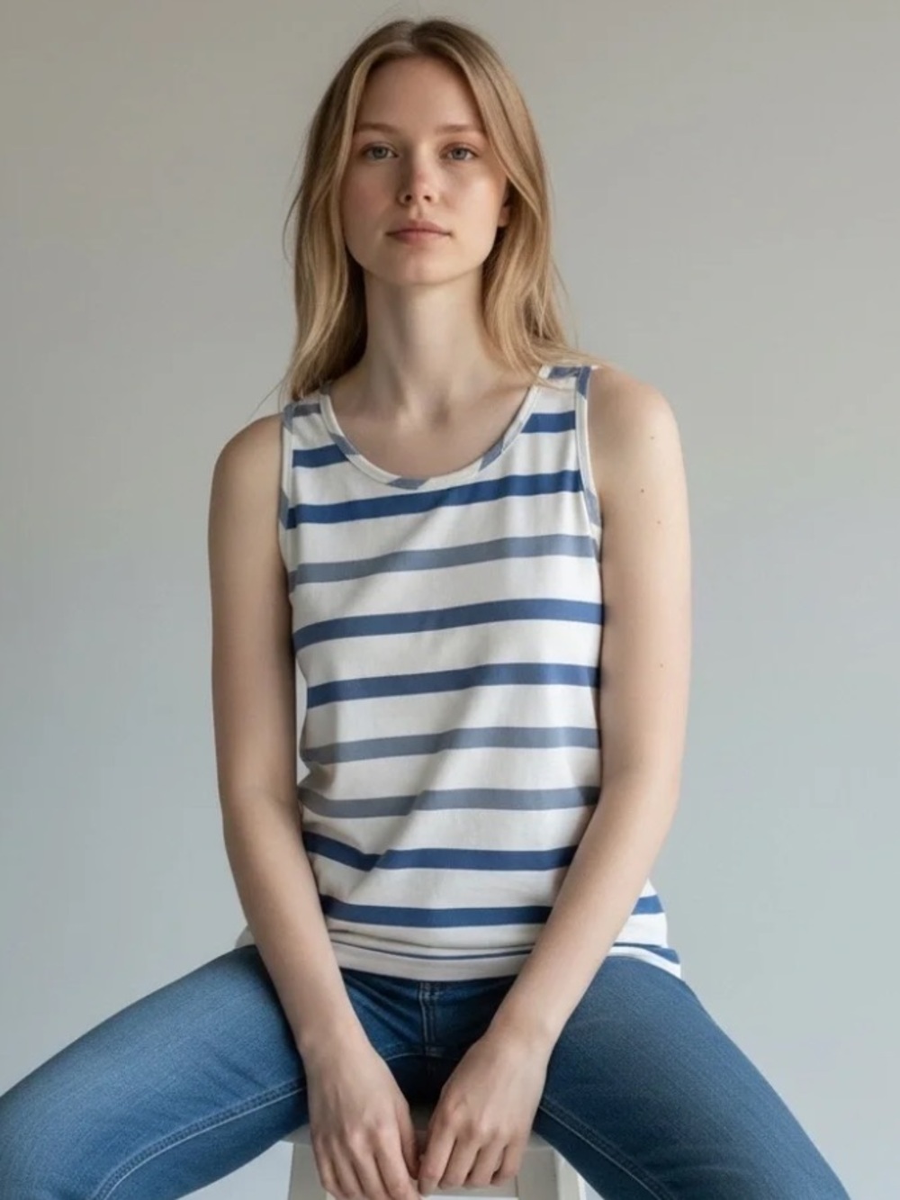 CAbi Wide Stripe Blue & White Tank #282 - Size XS